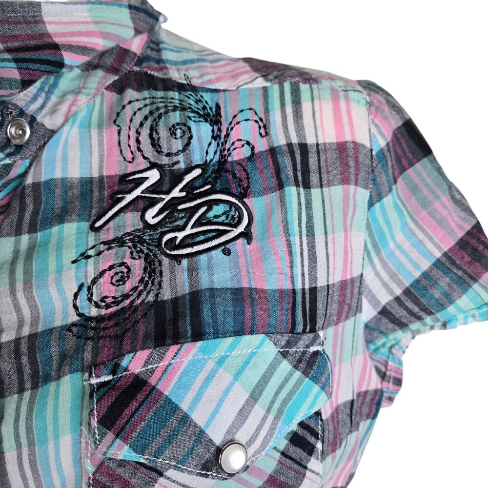 Harley Davidson Pearl Snap Button Shirt Women L Plaid Blue Pink Embroidered Wing - Picture 5 of 7